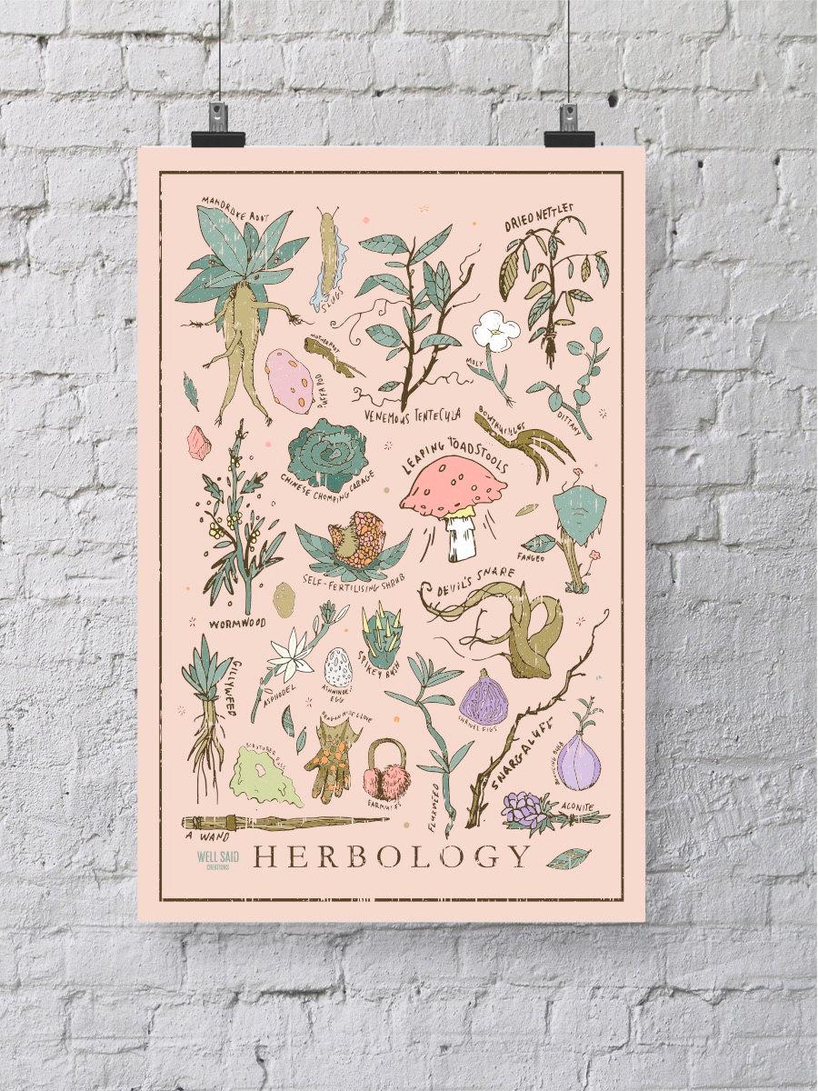 Hochzeit - Harry Potter Herbology Print / Poster - 12 x 18 Wall Art - Illustrated Hogwarts Class Print / home and wall decor / Muggle