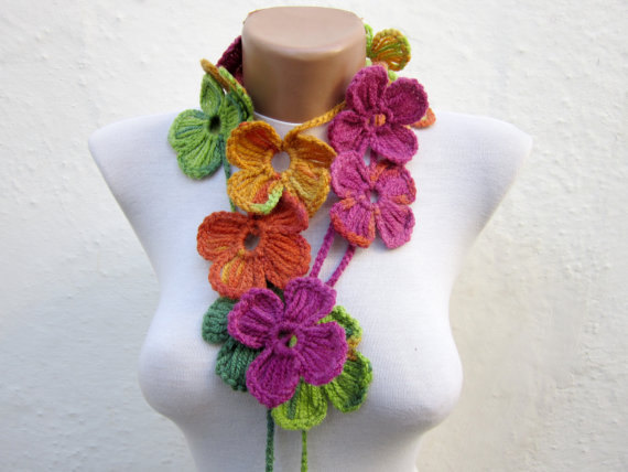 Mariage - Scarf,Crochet Scarf,Flower lariat scarf,Winter,Women scarf