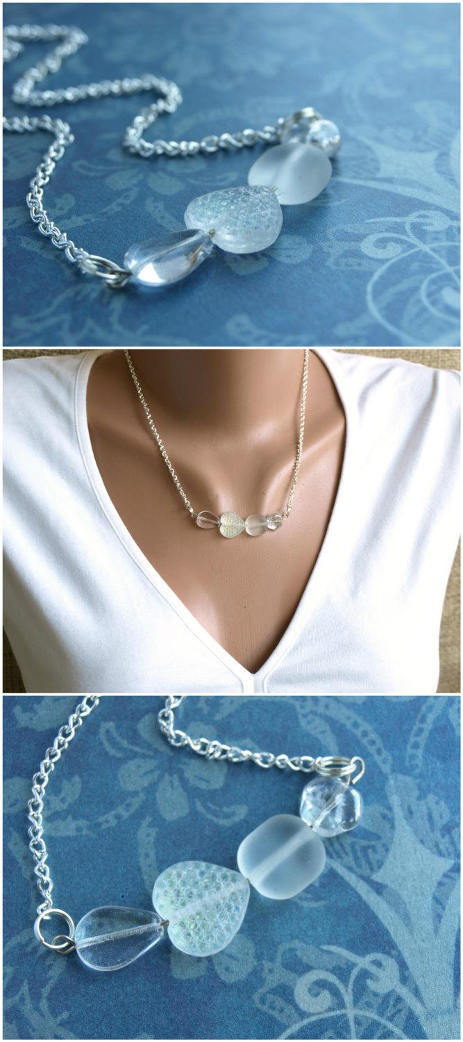 Свадьба - Bead bar necklace Glass bead necklace Clear bead necklace Bead necklace chain Silver tone necklace Clear glass bead Beaded jewelry