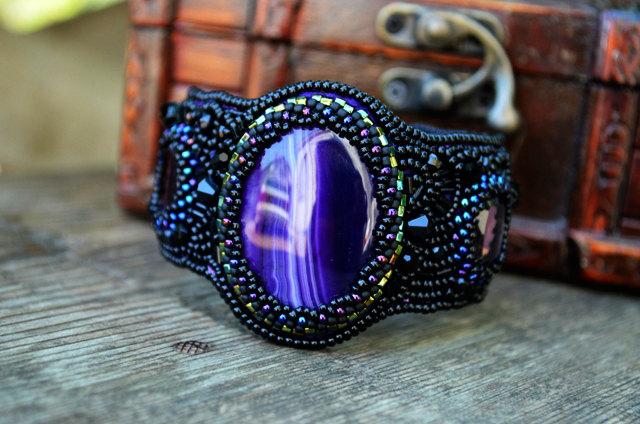 Mariage - Black Purple Bracelet Bead Embroidered cuff Beadwork Bracelet Beads Embroidery cuff Embroidered jewelry Gift for her Unique beaded bracelet