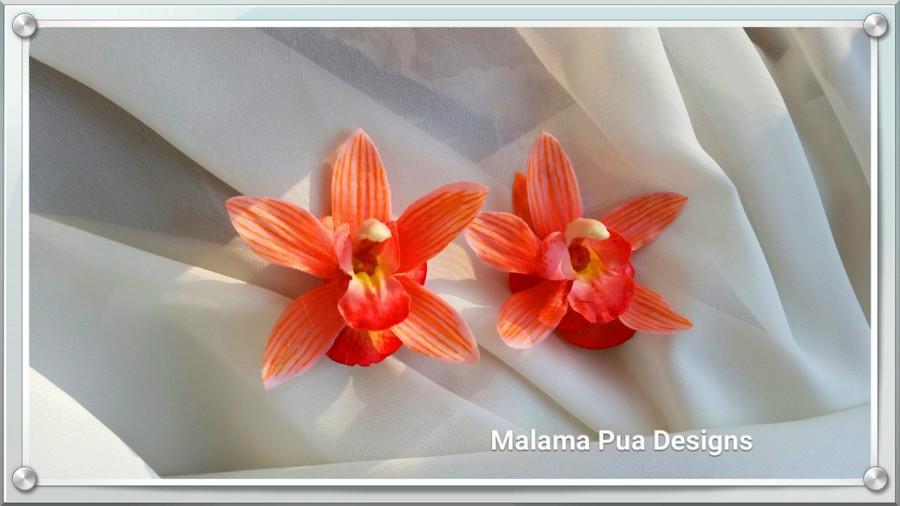 زفاف - TROPICAL HAIR Clip - Real Touch Orchid, Coral Orange, Bridal Flower Clip, Swarovski Crystal, Beach, Flower Headpiece, Wedding Hair Accessory