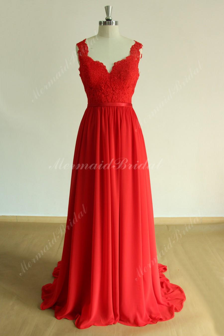 Wedding - Open back Red Flowy a line chiffon lace wedding dress, prom dress with deep V neckline