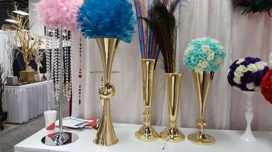 زفاف - Gold/ Silver Polished Metallic Double Trumpet Vases Wedding Centerpieces Vases French Gold  29 inches