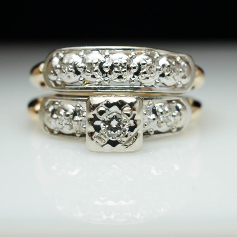 Hochzeit - Vintage Art Deco Assembled Diamond Engagement Ring & Wedding Band Bridal Set Illusion Set Diamond