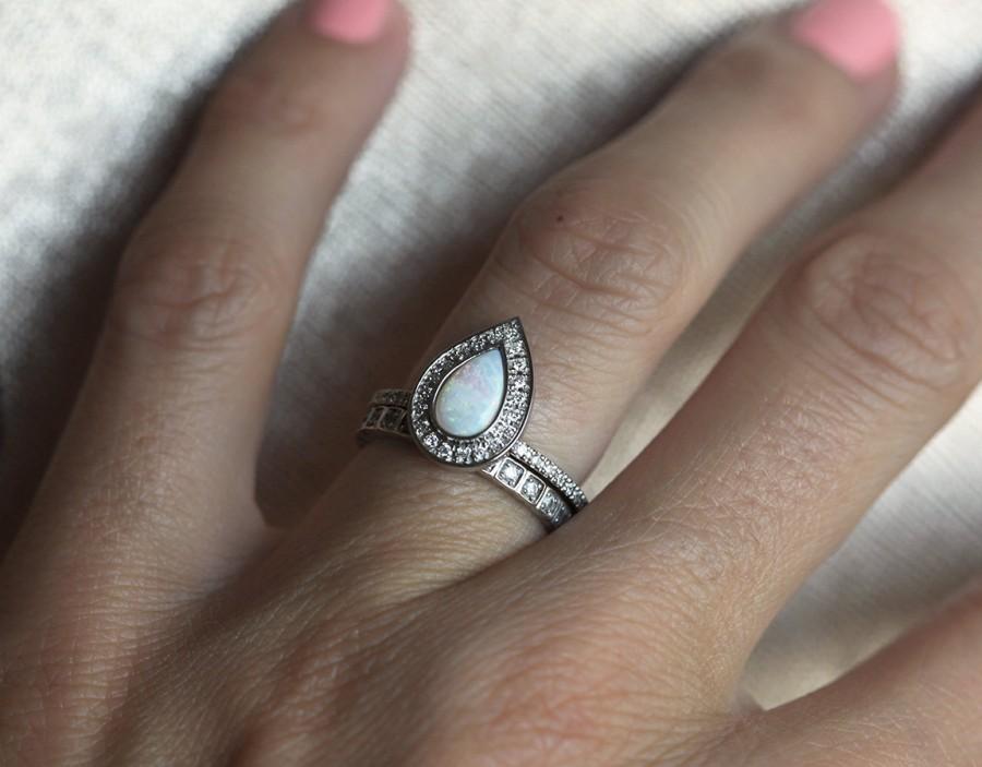Hochzeit - Opal Engagement Ring, Opal Halo Diamond Ring, Pear Halo Diamond Ring, Opal Wedding Ring, Pear Engagement Ring, White Gold Engagement Ring