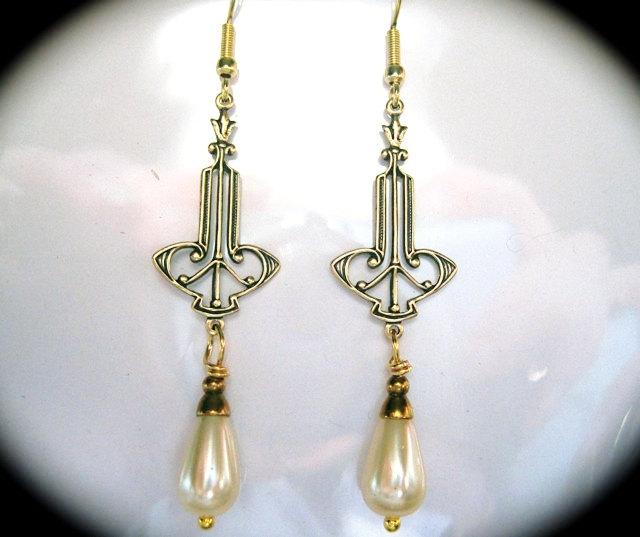 Hochzeit - Art Deco earrings vintage 1920s bride long ivory cream pearl drop Art Nouveau earrings Edwardian earrings bridal earrings wedding earrings