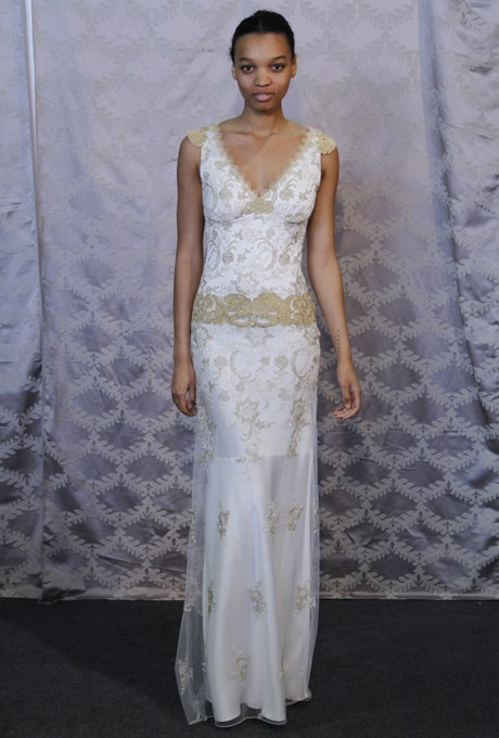 Hochzeit - Claire Pettibone - Spring 2013 - Deauville Gold Embroidered Tulle and Silk Sheath Wedding Dress with Cap Sleeves - Stunning Cheap Wedding Dresses