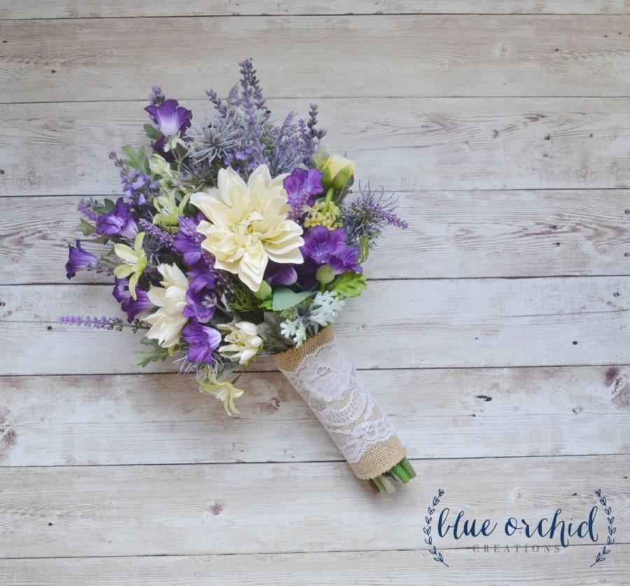 Mariage - Wildflower Bouquet - Lavender and Purple Wildflower Bouquet with Ivory Dahlias, Silk Wildflower Bouquet, Boho Bouquet, Purple Bouquet