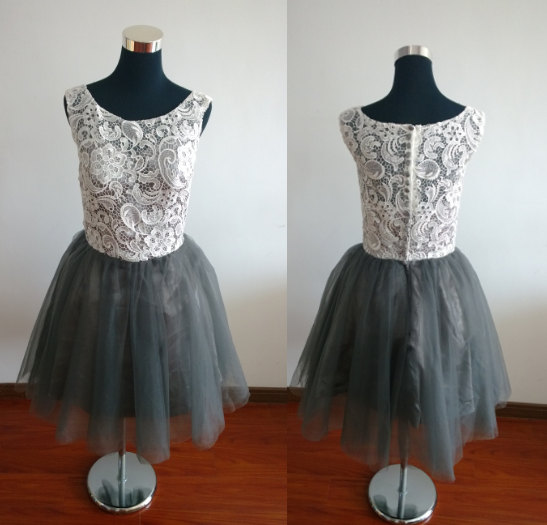 Mariage - Lace homecoming dresses, grey short a-line homecoming dresses, tulle custom homecoming dresses, party dresses lace, illusion dress