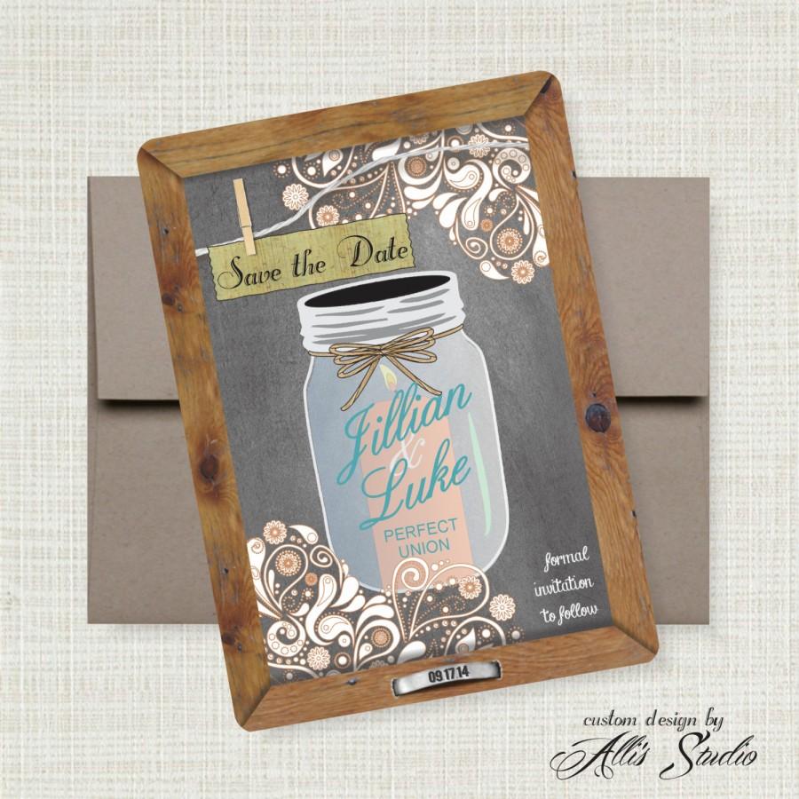 Wedding - Ball Mason Jar Save the Date Chalkboard 5x7 Announcement, Kraft Recycled A7 Envelope, Rustic Primitive