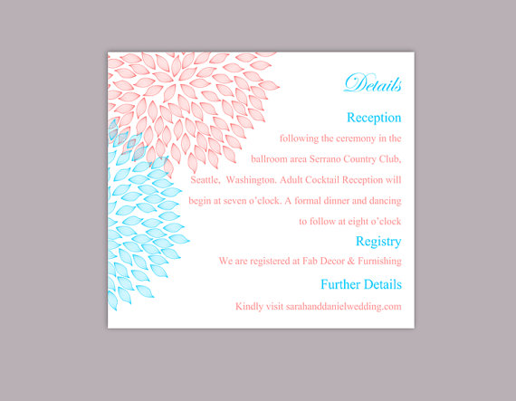 Mariage - DIY Wedding Details Card Template Editable Text Word File Download Printable Details Card Pink Blue Details Card Floral Information Cards