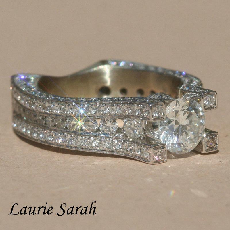Hochzeit - Diamond Engagement Ring with Diamonds on the prongs, side diamonds, 5 rows, European shank - LS1143