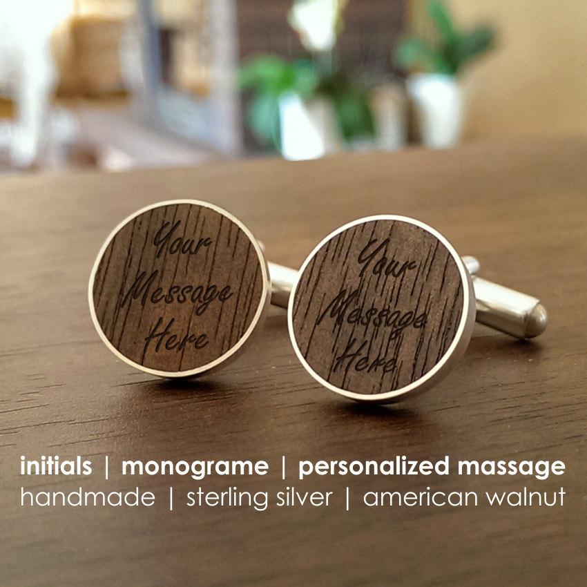 Mariage - Personalized Cufflinks-WALNUT-SILVER-Custom Cufflinks,Engraved cufflinks,Monogram CuffLinks,Custom Cuff links,Mens Gifts,Father of the Groom
