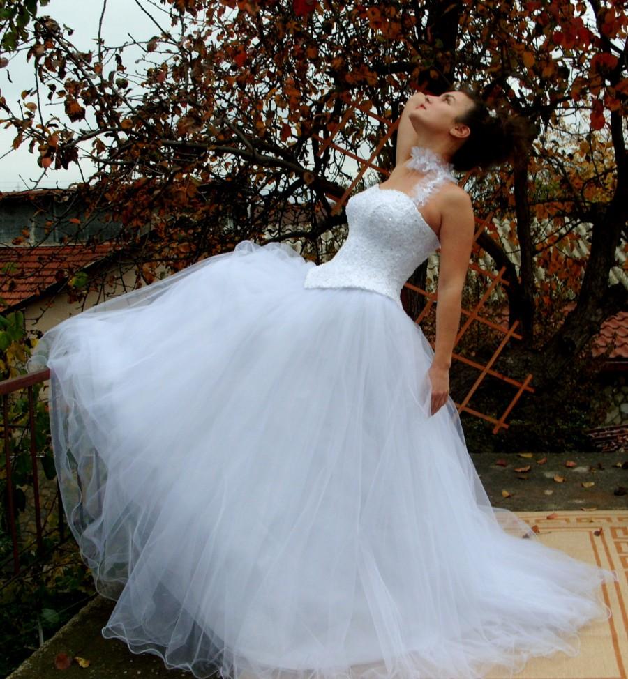 Hochzeit - Cinderella - Princess Wedding Dress, Bridal Dress, White Satin, Crystal Tulle, Beaded Lace, Rhinestones, Pearls, Sweetheart Neckline