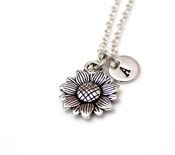 Wedding - Sunflower Silver Plated Necklace, Sunflower Necklace, Tiny Silver Necklace, Personalized Silver Disc, Monogram Charms, Silver Personalized