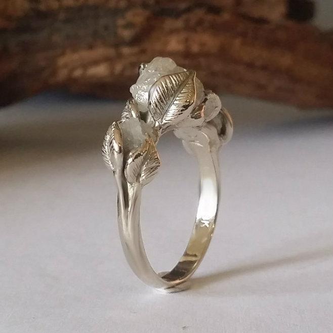 Wedding - SALE!! Raw Diamond Engagement Ring - 18K White Gold and Rough Diamond Engagement Ring, Engagement Ring, Rough Diamond Ring, Three Stone Ring