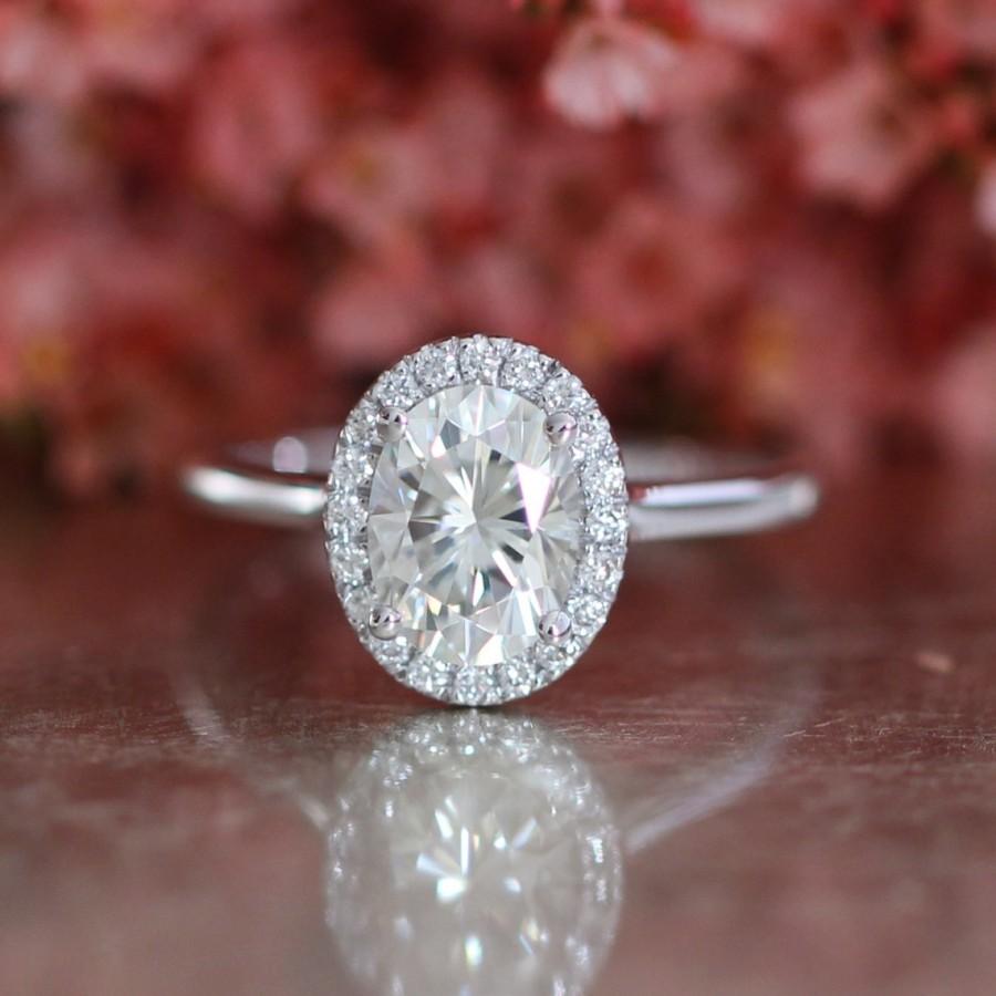 Wedding - Forever One Moissanite Engagement Ring in 14k White Gold Halo Diamond Ring 8x6mm Oval Cut Gemstone Ring Wedding Band (Bridal Set Available)