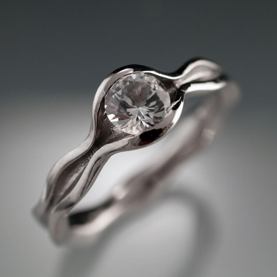 Wedding - White Sapphire Wave Engagement Ring in Palladium, Platinum, White Gold, Rose or Yellow Gold, Unique White Sapphire Engagment Ring