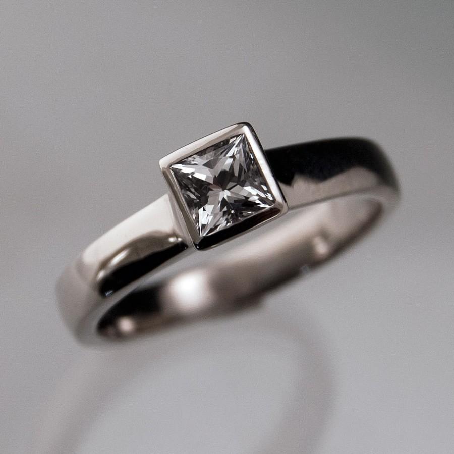 Hochzeit - White Sapphire Engagement Ring, Princess Cut Bezel Solitaire Ring in Palladium, Yellow or White Gold, Diamond Alternative