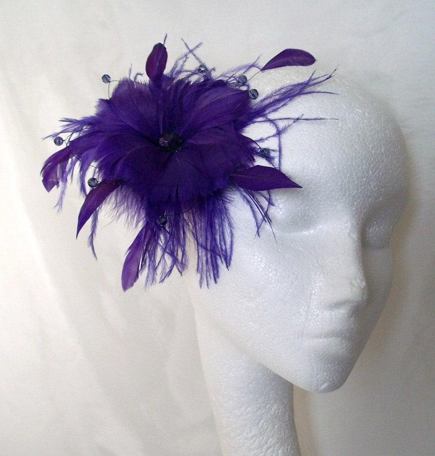 Hochzeit - Dark Purple Feather Flower and Crystal Fascinator Hair Comb or Band Wedding - Made to Order