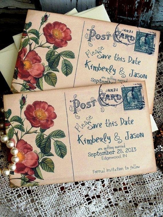 Mariage - Vintage Postcard Wedding Save The Date Cards Handmade By Avintageobsession On