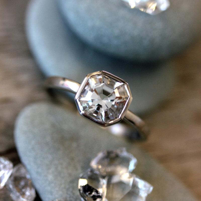 Wedding - Cut in the USA // Cruelty Free Herkimer Diamond Gemstone Ring // 14k Palladium White Engagement Ring // Asscher Cut for the Unique Bride