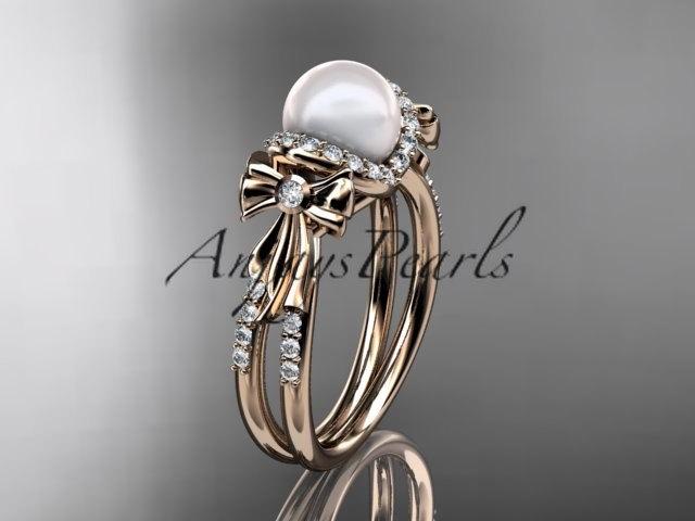 Mariage - 14k rose gold diamond   pearl wedding ring,engagement ring AP155