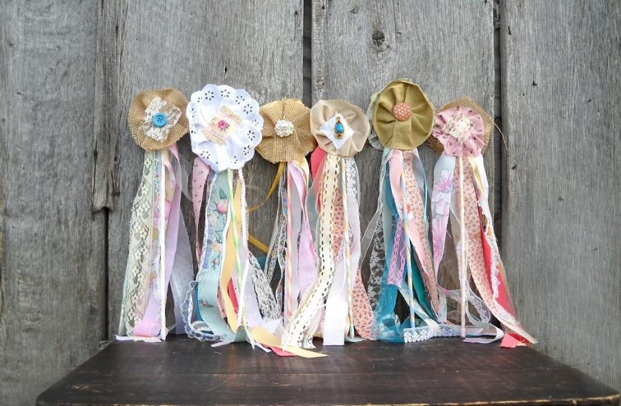 Hochzeit - 6 Woodland Wedding Flower Wands, Boho Hippie or Fairy Princess Party, Bouquet Alternative for Flower Girl or Bridesmaids
