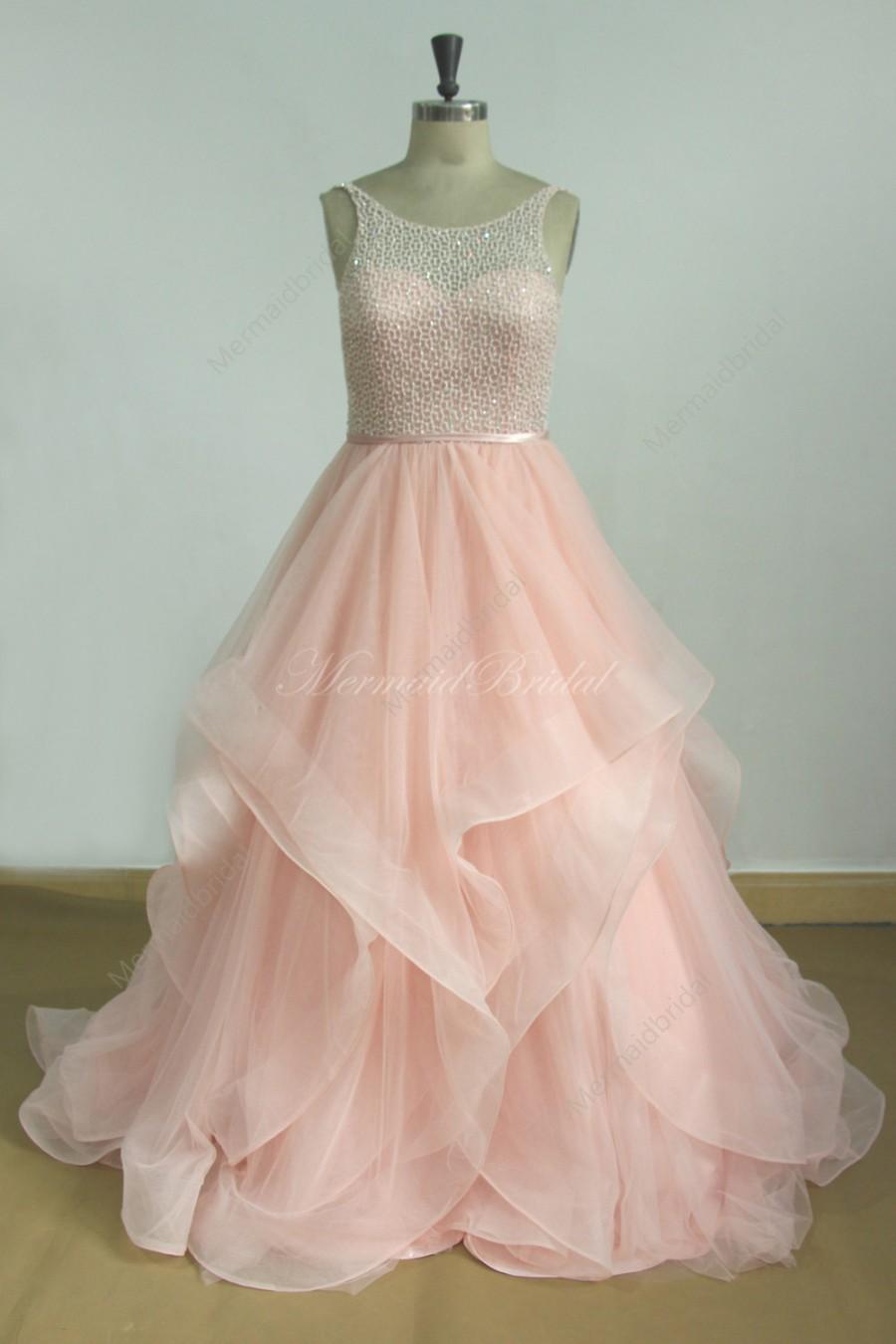 Hochzeit - Romantic Blush pink A line tulle wedding dress with Swarovski beads