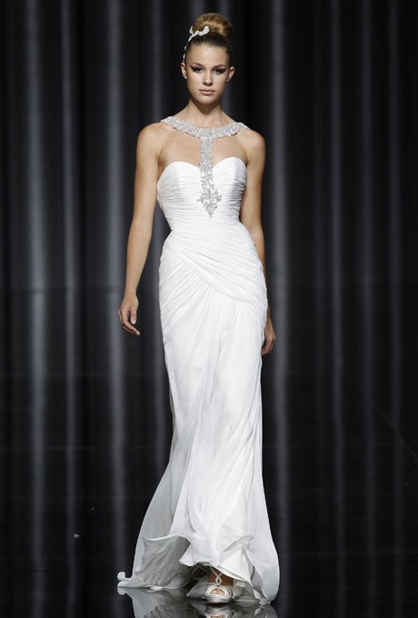 Pronovias Fall 2012 Silk Chiffon Sheath Wedding Dress With A