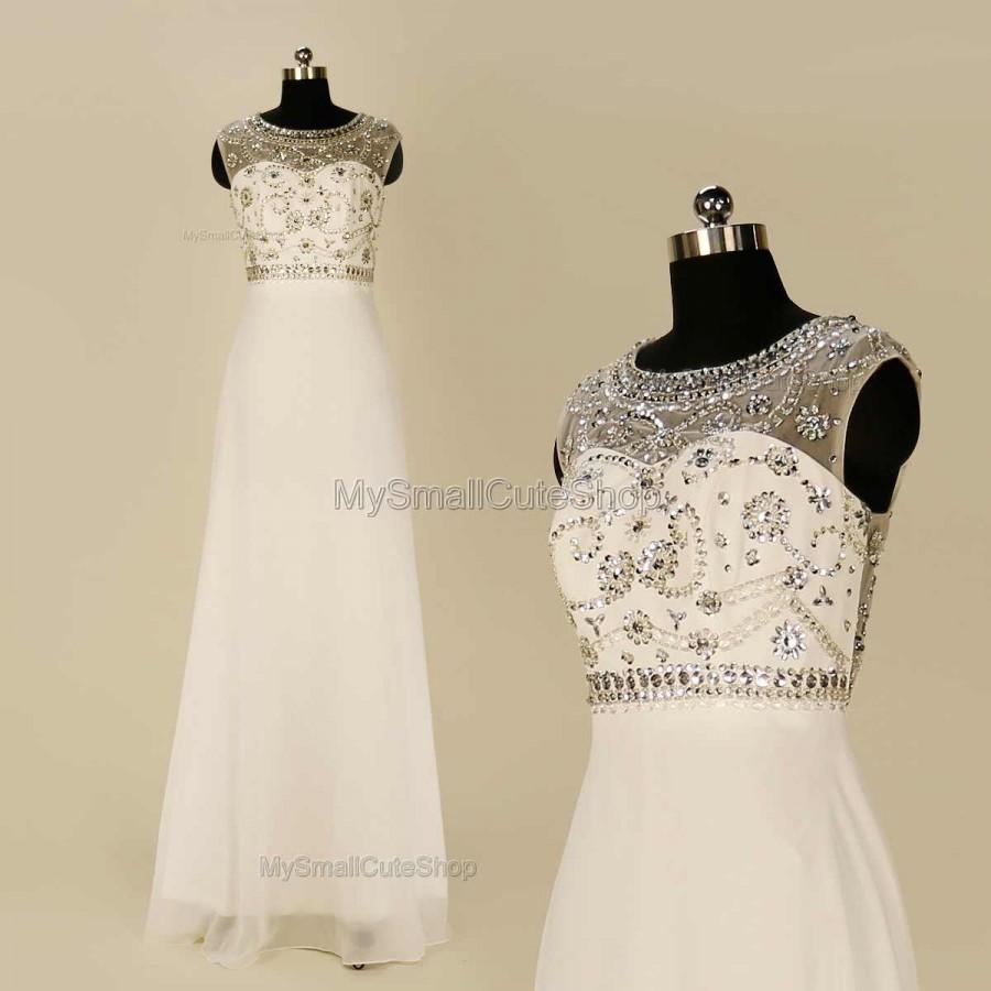 Wedding - White prom dress,beaded Crystal rhinestone bridesmaid dress,a-line formal dress,long party dress,long evening dress,chiffon prom dresses