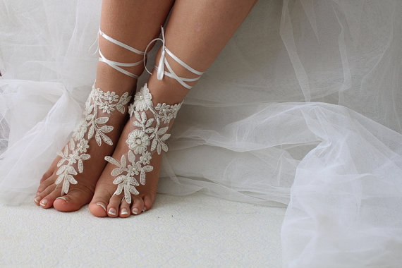 Wedding - Beaded ivory lace wedding sandals, free shipping!