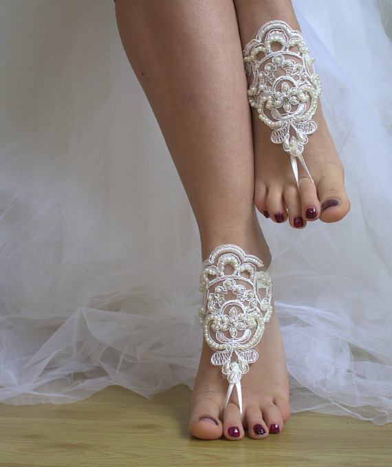 زفاف - Beaded ivory lace wedding sandals, free shipping!