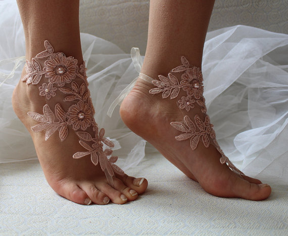 زفاف - Beaded pink lace wedding sandals, free shipping!