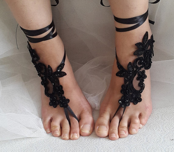 Wedding - Beaded black, lace wedding sandals, free shipping!