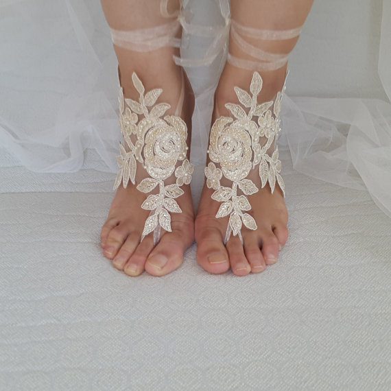 زفاف - Beaded champagne lace wedding sandals, free shipping!