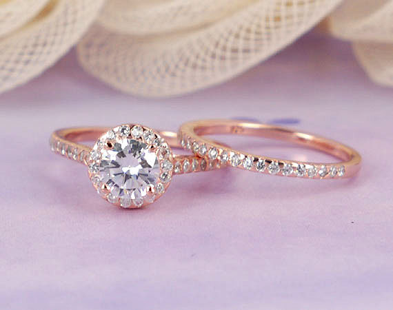 زفاف - 1.83 total carat, Halo Sterling Silver Ring Simulated Diamond Half Eternity Ring , Rose Gold Plated Wedding Engagement Bridal Set-sv2201