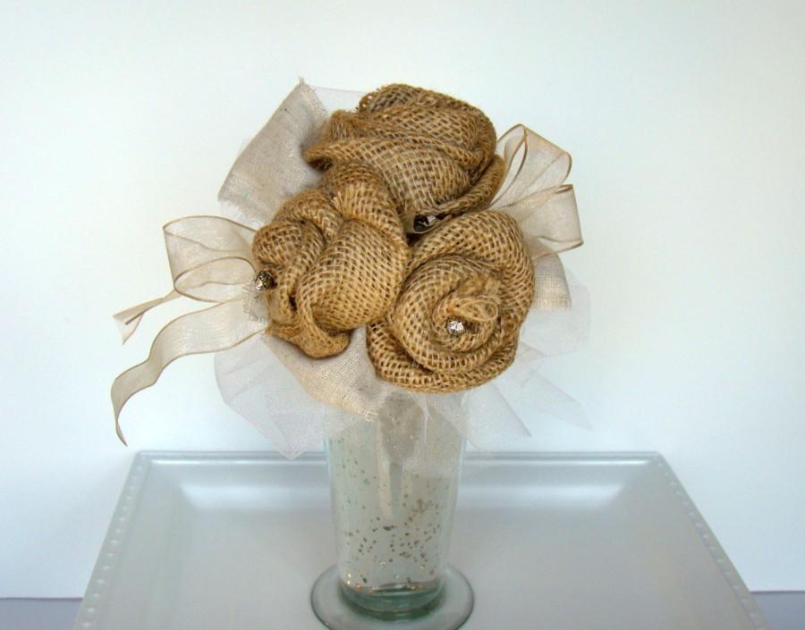 Mariage - Brides Toss Bouquet, Burlap Toss Bouquet, Country Bridesmaid Flowers, Rustic Wedding, Fabric Flower, Rustic, Barn