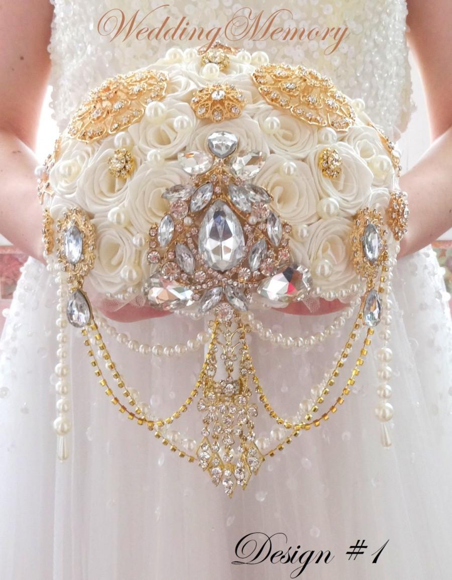 زفاف - BRROCH BOUQUET Gold gatsby cascading  with pearls and crystals by MemoryWedding