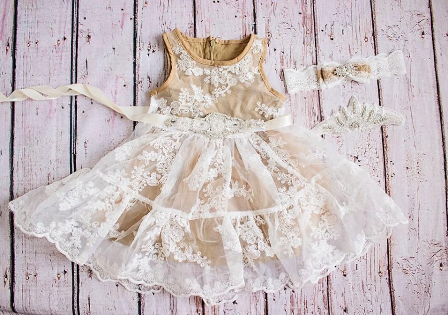 Wedding - Rustic Flower Girl Dress / Country Flower Girl Dress / Lace Dress..Rustic Flower Girl / Tan Lace Flower Girl Dress / Beige