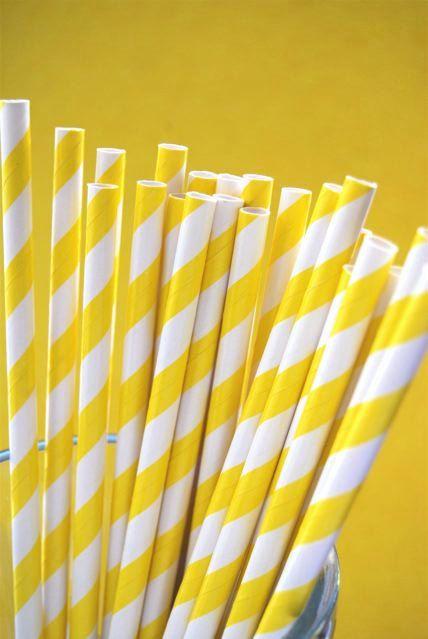 Wedding - Bright Yellow Striped Paper Straws And PDF Printable Party Flags
