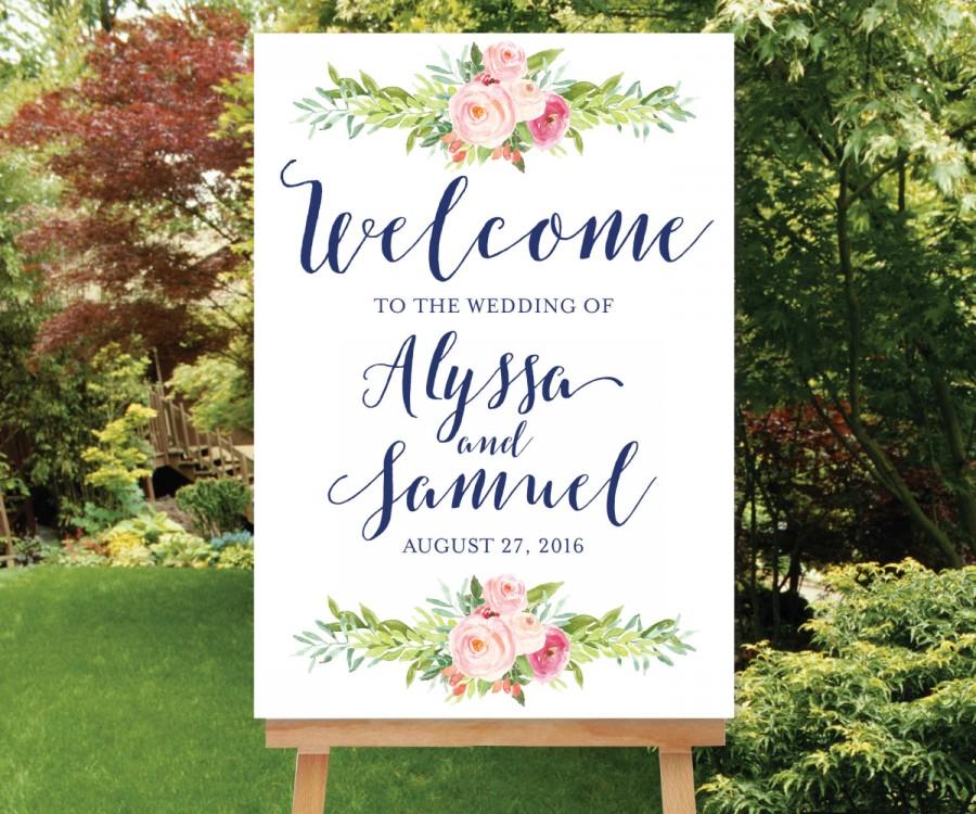 Wedding - Printable Navy Blush Pink Wedding Welcome Sign, Wedding Digital Sign, Large Welcome Watercolor Floral Sign Bohemian Wedding Sign The Blossom