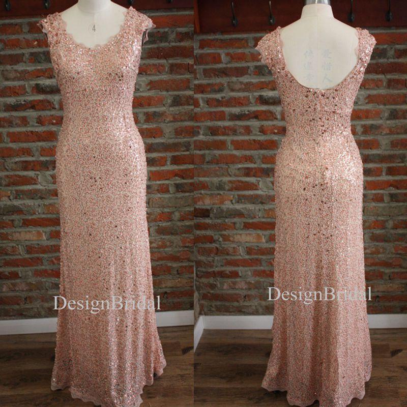 Wedding - Pink White Sequin Dress,Evening Party Prom Dress Lace Neckline,Blush Pink Long Party Dress,U Backless Evening Cocktail Sequin Dresses