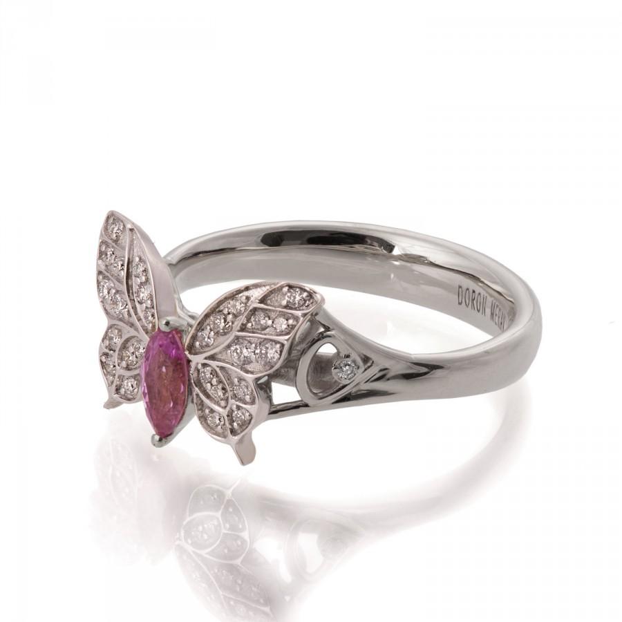 Свадьба - Butterfly Engagement Ring - 18K White Gold and Pink Sapphire engagement ring, Marquise, unique engagement ring, pink sapphire ring, art deco