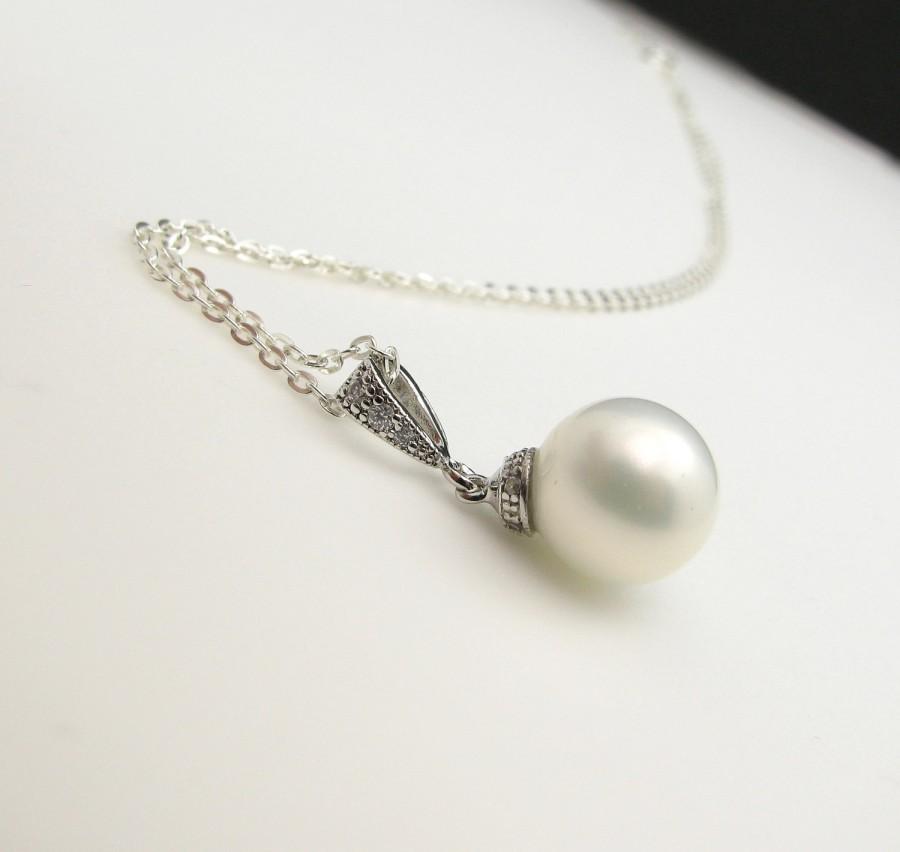 زفاف - wedding bridal prom party Soft white 10mm shell pearl drop necklace with sterling silver chain
