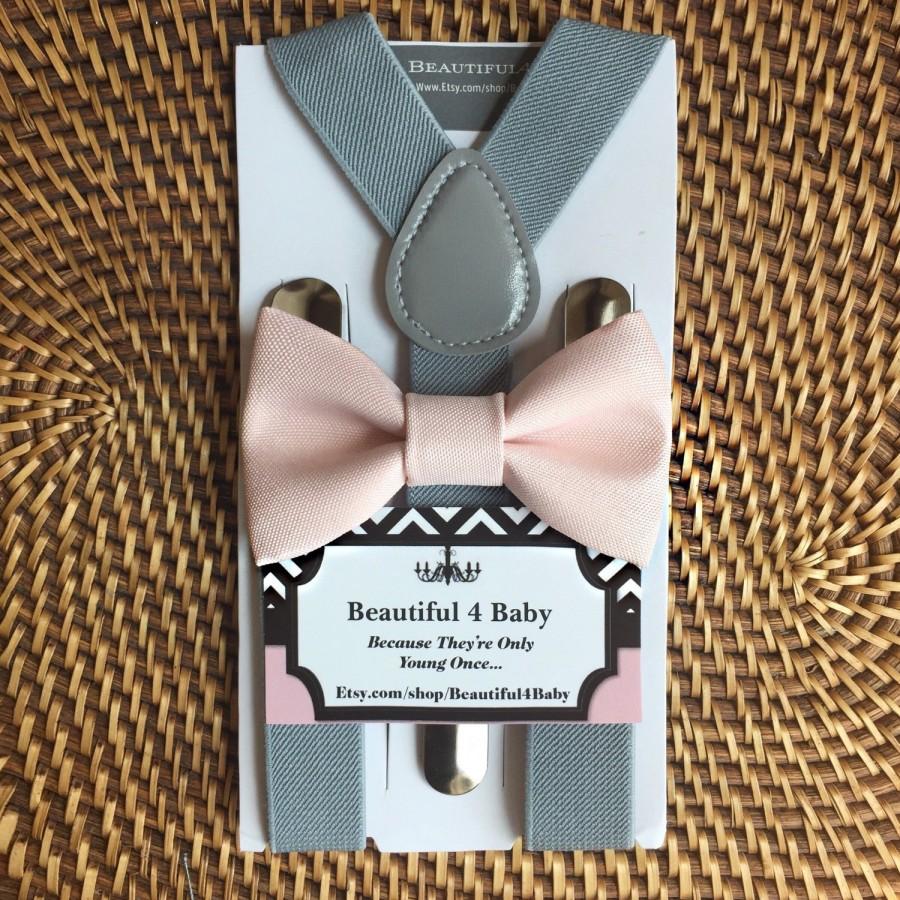 زفاف - Blush Baby Boy Bow Tie- Blush Toddler Bow Tie- Blush Pink Bow Tie & Gray Suspender Set- 6 Months to 5 Years Old