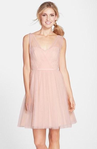 Hochzeit - Monique Lhuillier Bridesmaids Tulle Overlay Lace Fit & Flare Dress