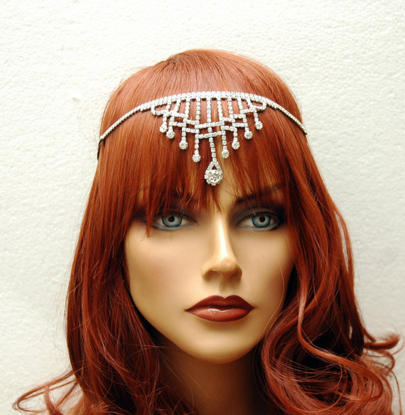 زفاف - Silver Bohemian Bridal Headpiece Headband, Rhinestone Headpiece, Wedding Hair Accessories, Teardrop Headpiece