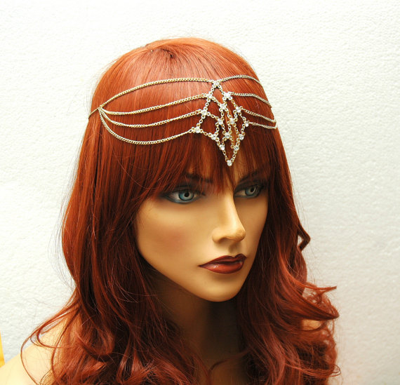 Hochzeit - Wedding Boho headpiece bridal headband, Gold Headpiece, Grecian Crystal Headband, Wedding Hair Accessories