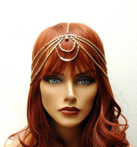 Wedding - Bohemian Bridal Wedding Headband Headpiece, Gold Grecian Headpiece, Rhinestone Headpiece, Wedding Hair Accessories